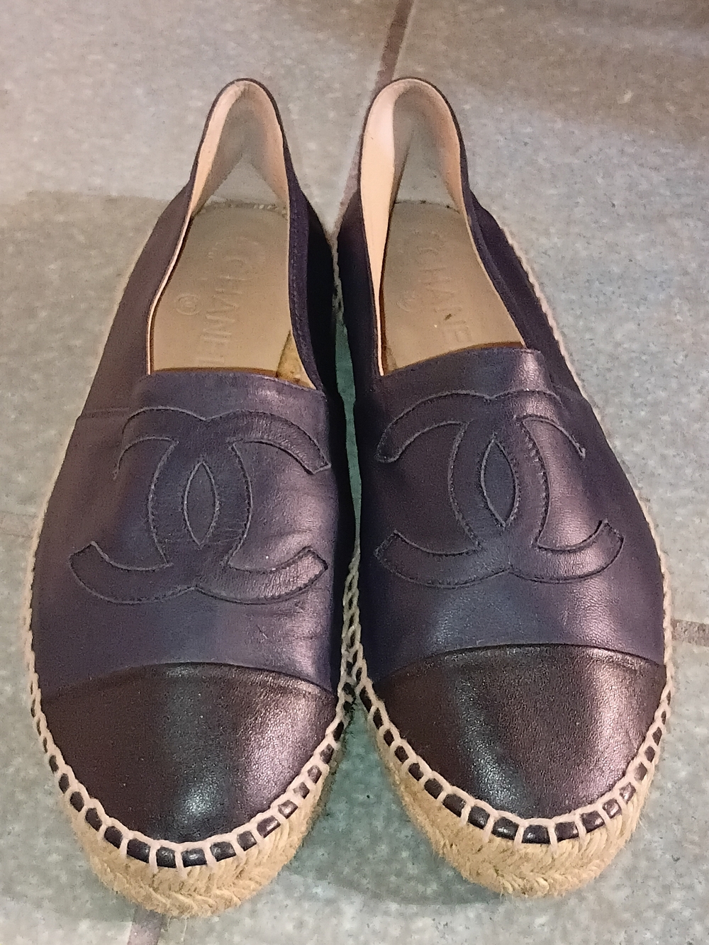 CHANEL Navy Leather Espadrille Slip-Ons
